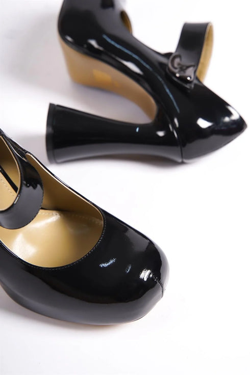 Dahlia black, crne lakovane cipele sa visokom platformom, ženske lakovane cipele 11.5 cm