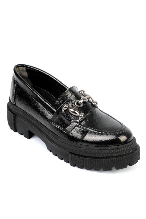 Eden glam black, crne zenske mokasine sa metalnom kopcom, potpetica 6cm