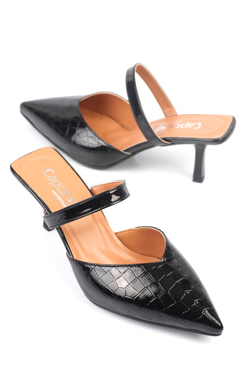 Lara croco glam black, crne zenske sandale sa srednjom stiklom, potpetica 7cm