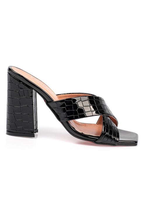 Abby croco black, crne zenske sandale sa ukrstenim remenom, potpetica 10cm