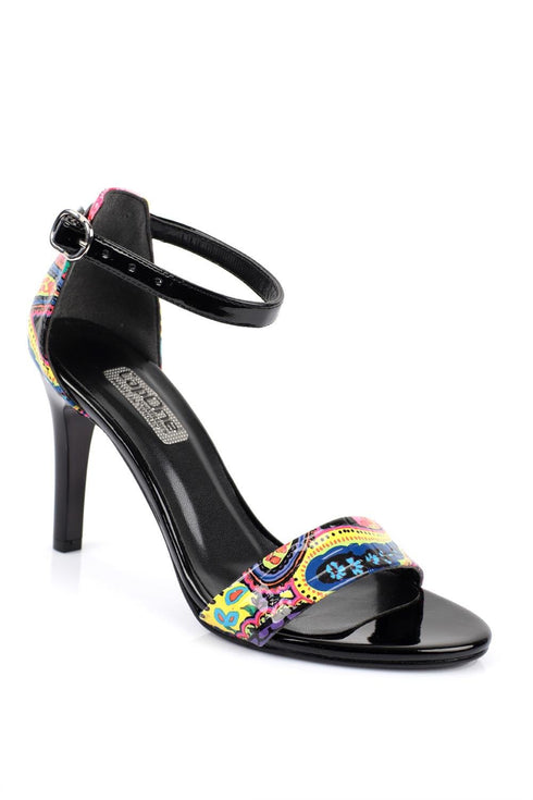Selena floral black, crne zenske sandale sa srednjom stiklom, potpetica 9cm