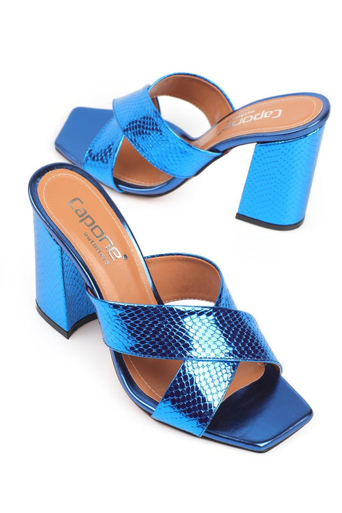 Abby croco blue, plave zenske sandale sa ukrstenim remenom, potpetica 10cm