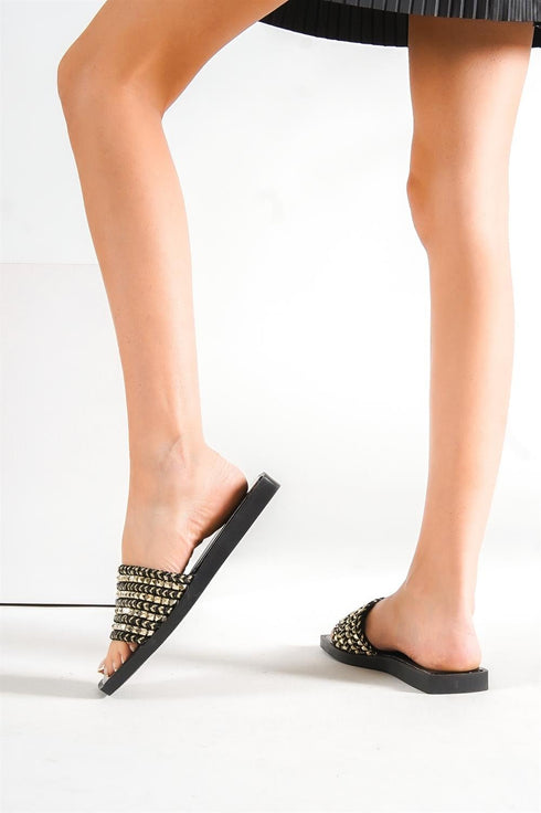 Kai black, crne zenske ravne sandale sa cirkonima, potpetica 2cm