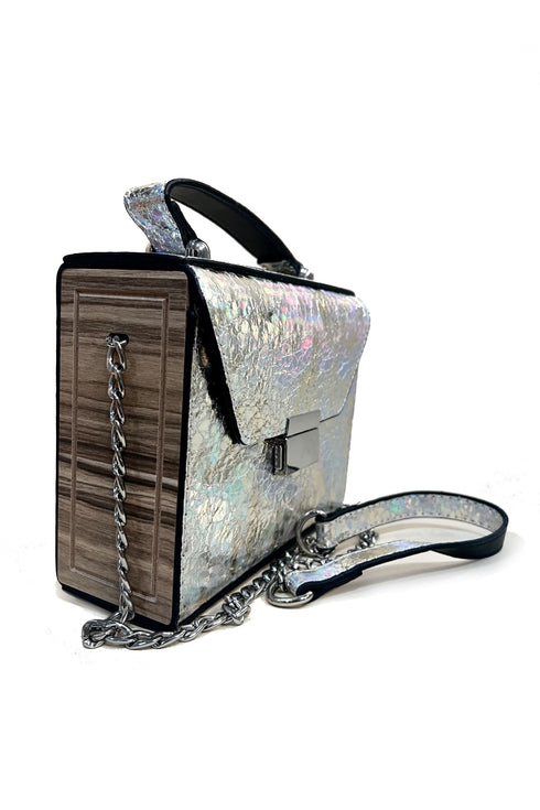 Wooden Luxe silver, ručno izrađena torbica kombinacja drvo/tekstil