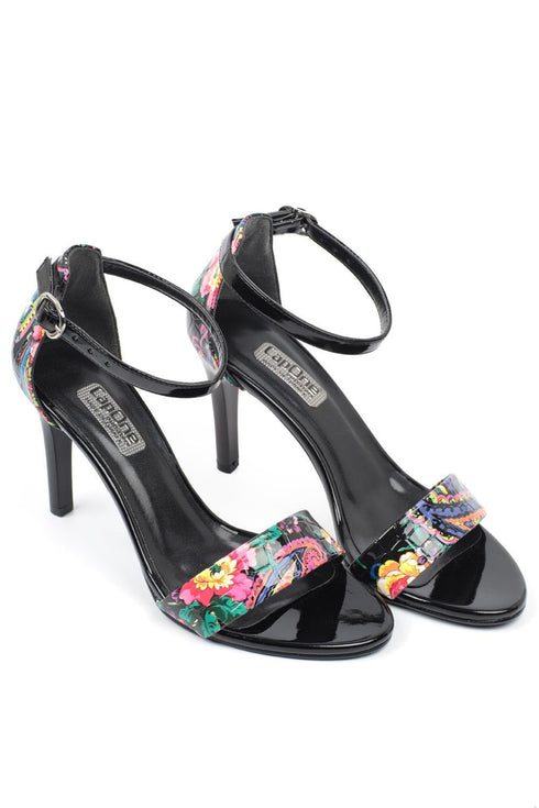Selena floral black, crne zenske sandale sa srednjom stiklom, potpetica 9cm