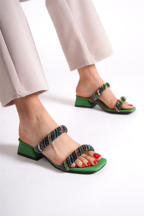 Ezra green, zelene zenske sandale sa niskom stiklom, potpetica 4cm