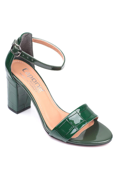 Silvy crocodile dark green, tamno zelene zenske sandale sa kaisem oko clanka, potpetica 8.5cm