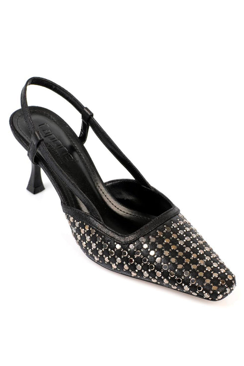 Jane black, crne elegantne ženkse sandale sa cirkonima, štikle 8 cm