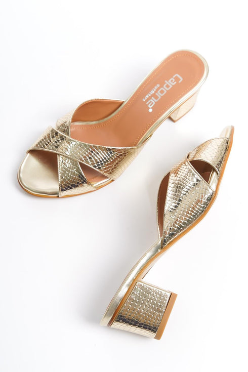 Mina gold, zlatne zenske sandale sa ukrstenim remenom, potpetica 5.5cm